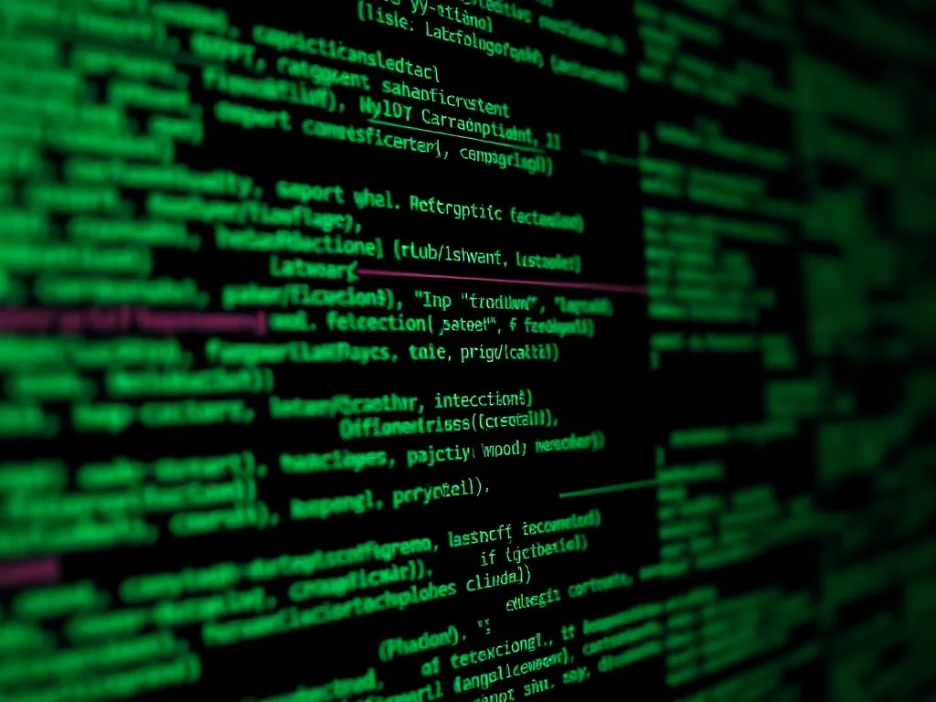A close up photo of a dark computer screen with green code l