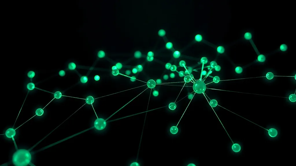 A minimalist dark 3D render of interconnected nodes and line