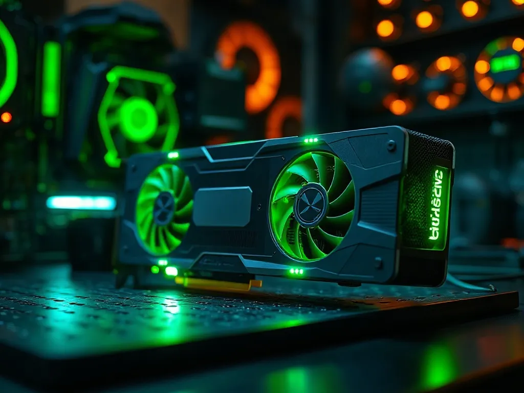 High-tech computer graphics card with glowing green lights o