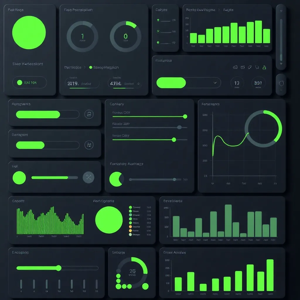 A collage of web UI elements, sliders, buttons, and charts i